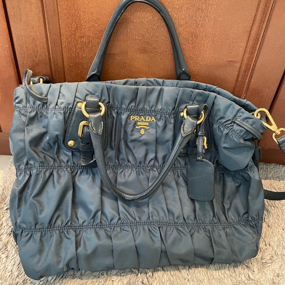 Prada Tessuto gaufre large bag blue/green nylon w Gold Hardware - rare find.